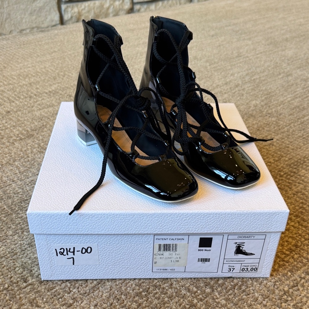 CHRISTIAN DIOR Arty Black Patent Lace Up Back Zip Ankle Boots